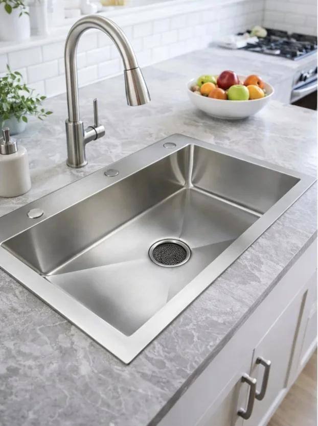 Kitchen Sinks — Stainless steel and quartz kitchen sinks, with matching taps.